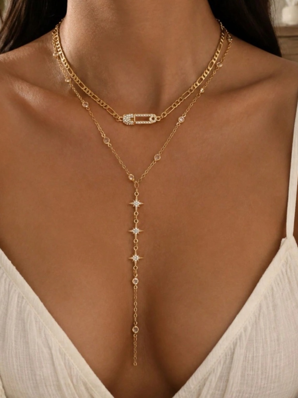Boho Rhinestone Paperclip Star Y Drop Necklace Set